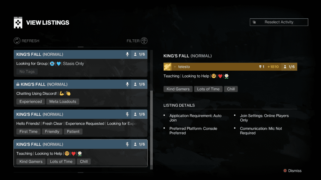 Diferença entre os menus do teste de estresse e o beta no Buscador de Esquadrão- Destiny 2/ Bungie