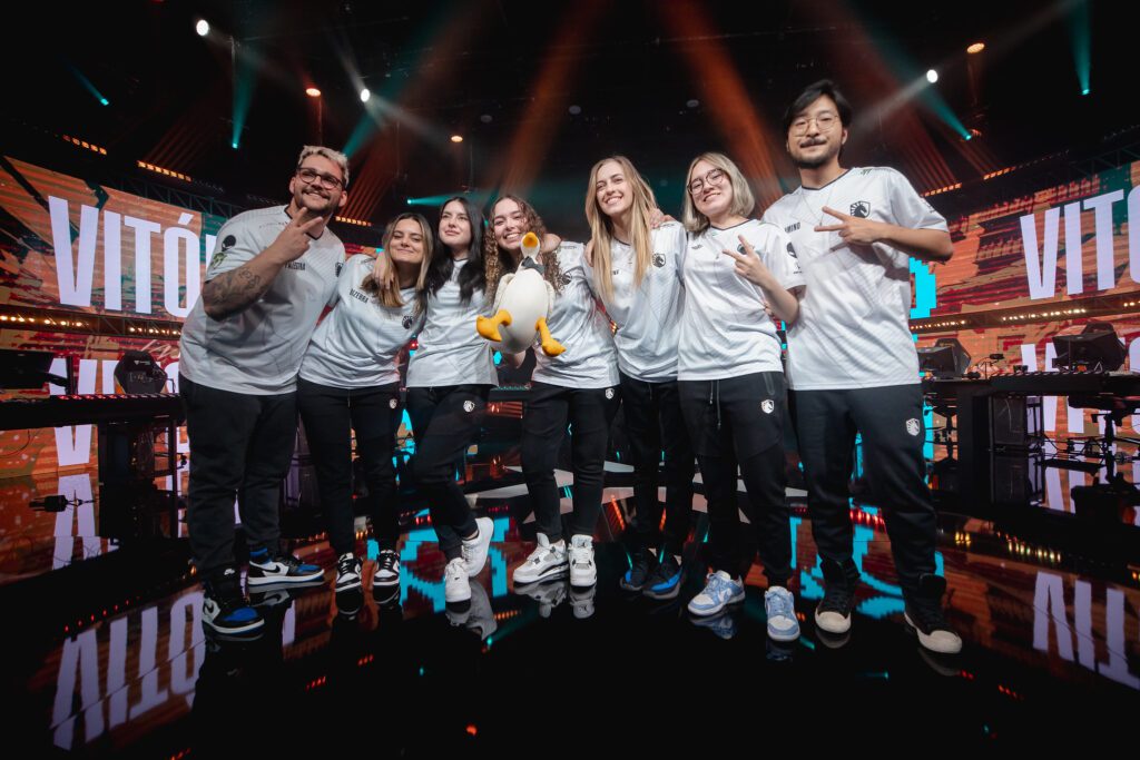 Team Liquid Brazil pose on stage after victory against Team SMG at the 2023 VALORANT Game Changers Championship for Knockouts at CBLOL Studio on December 02, 2023 in São Paulo, Brazil. (Photo by Bruno Alvares /Riot Games)