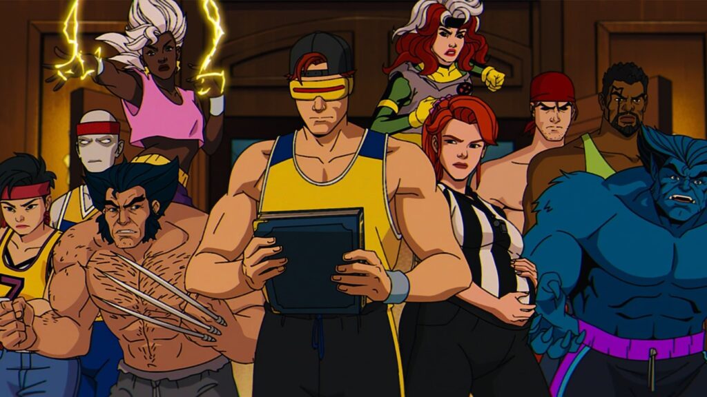 Todos os X-Men, com roupas esportivas, encaram alguém à frente deles, enquanto Scott olha apreensivo para um livro em sua mão.