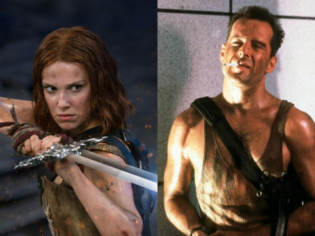 à esquerda, Elodie empunhando uma espada em posição de defesa; à direita, John MacClane de Duro de Matar, sujo, fumando um cigarro
