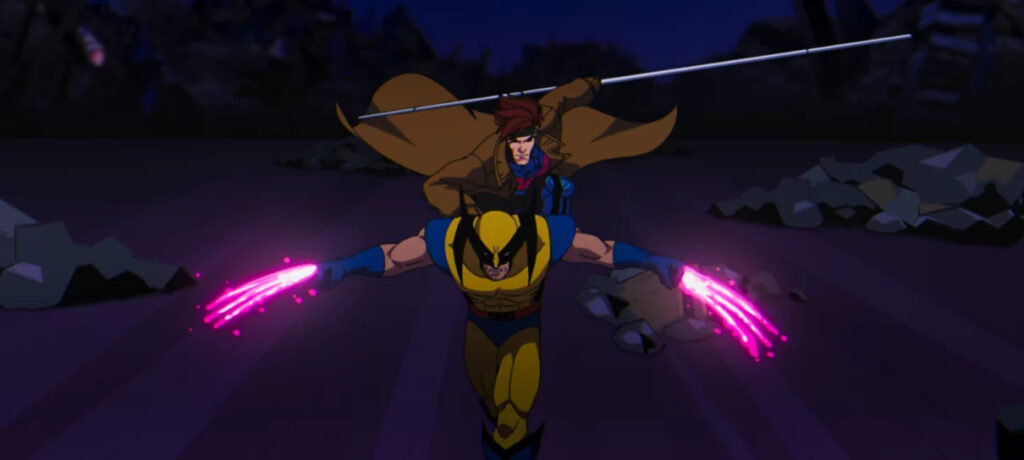 Wolverine correndo, com as garras para fora e carregadas com o poder mutante de Gambit, e o mutante francês em suas costas, em posição de ataque