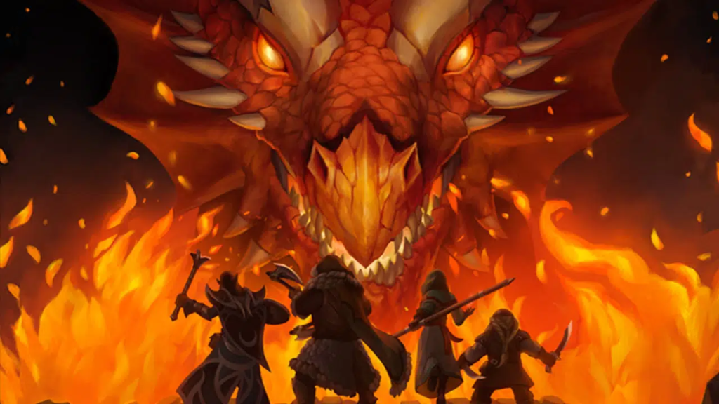 Imagem de um dragão vermelho encarando quatro aventureiros cercados por uma cortina de fogo.