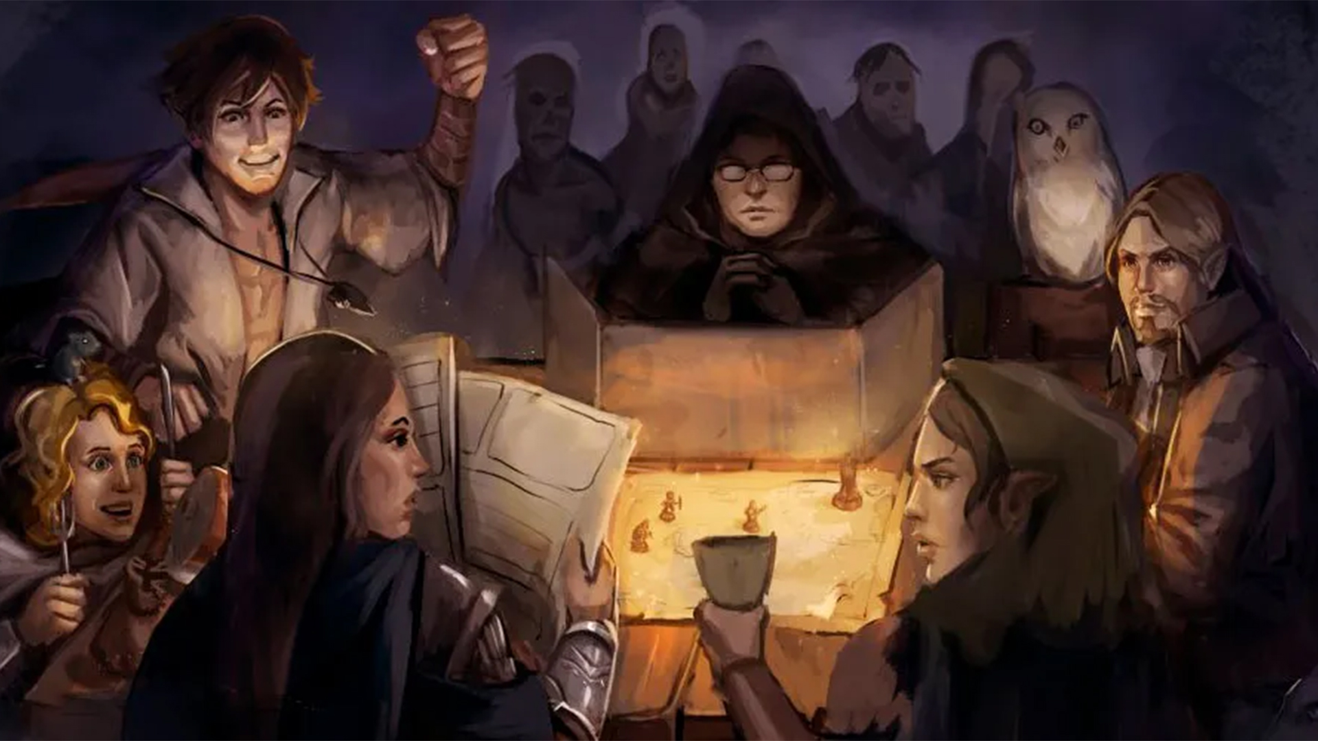 Imagem desenhada de uma mesa de RPG clássica, com o mestre à frente e seu escudo de papel a postos e os jogadores em torno da mesa. Porém, todos estão trajados como se fossem os aventureiros de suas histórias.