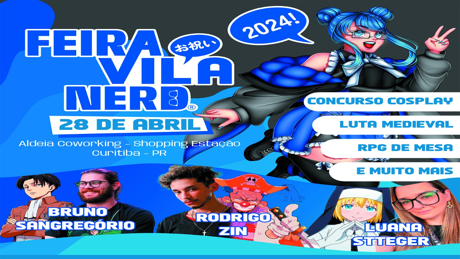 Banner oficial do evento Feira Vila Nerd, indicando o local, a data e quais são os convidados do evento.