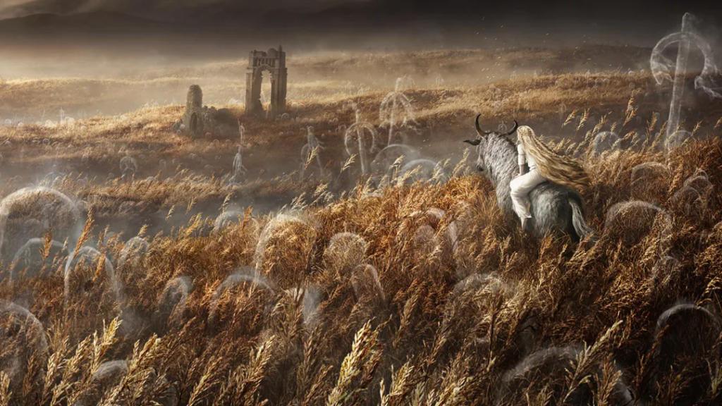 Uma das concept arts da DLC, mostrando Miquella em um campo de trigo