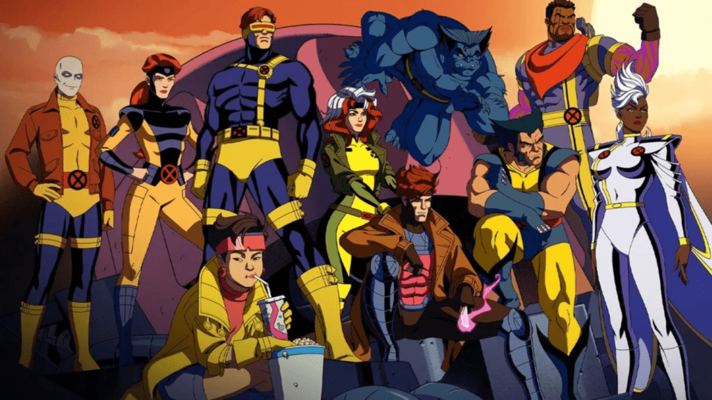 Da esquerda para a direita e de cima a baixo: Morfo, Jean Grey, Ciclope, Vampira, Fera, Bishop, Jubileu, Gambit, Wolverine e Tempestade.