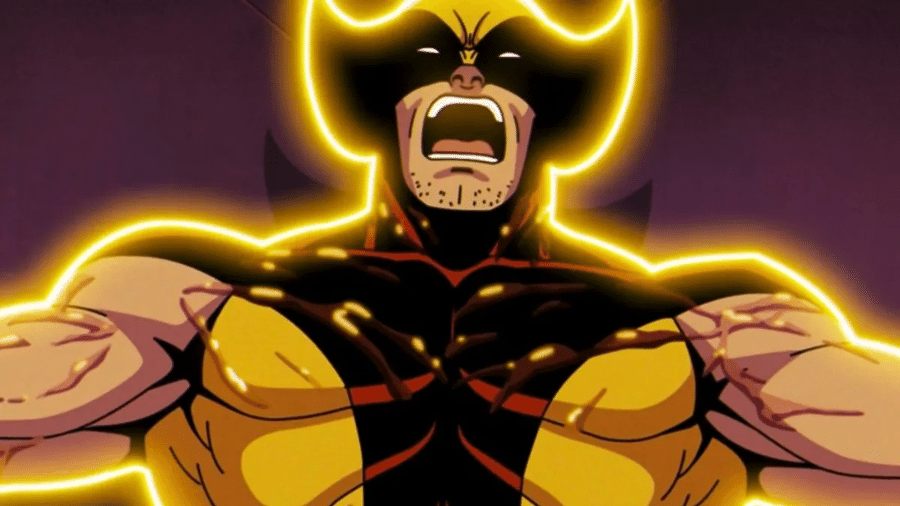 Wolverine sendo afetado por um tipo de energia luminosa. Sua feição é de dor e suas veias do peito e dos braços estão saltadas.