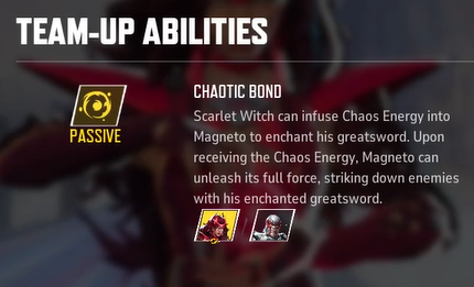Texto em inglês informando que a personagem da Feiticeira Escarlate pode atirar em Magneto (enquanto seu aliado) para carregar a energia da espada que ele usa como arma.