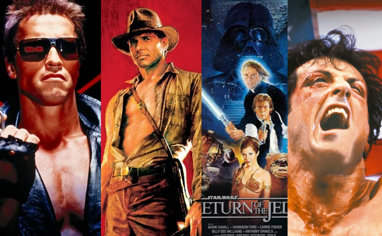 Pôsteres das franquias O Exterminador do Futuro, Indiana Jones, Star Wars e Rocky.