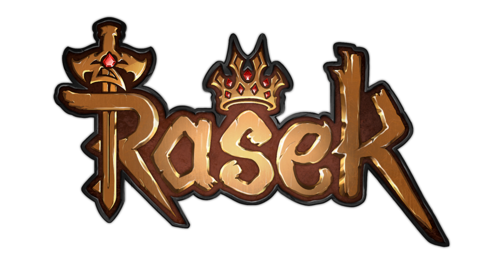 Logotipo escrito Rasek, em um formato que lembra madeira pintada de dourado, com uma espada fazendo a perna vertical da letra R e uma coroa com pedras vermelhas acima da letra S.