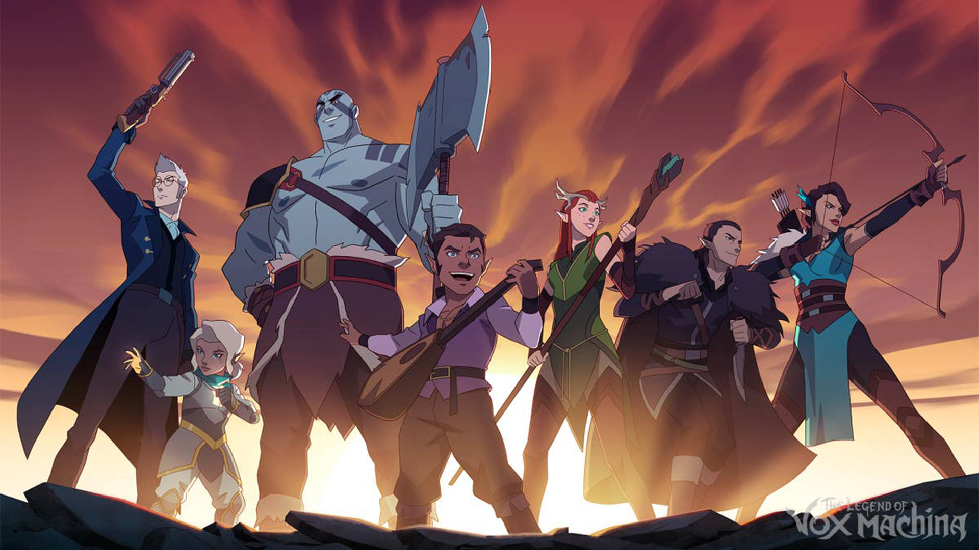 Imagem oficial da terceira temporada de The Legend of Vox Machina, exibindo da esquerda para direita: Percy, Pike, Grog, Scanlan, Keyleth, Vax e Vex, em poses heróicas.
