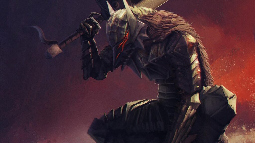 Guts, de Berserk, usando a Berserk Armor, em imagem que se assemelha a uma pintura