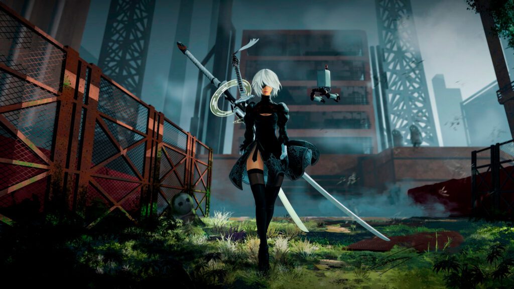 2b, de Nier Automata está caminhando no sentido da câmera, em uma cidade fantasma. É possível ver o Pod a acompanhando e um robô desligado ao fundo