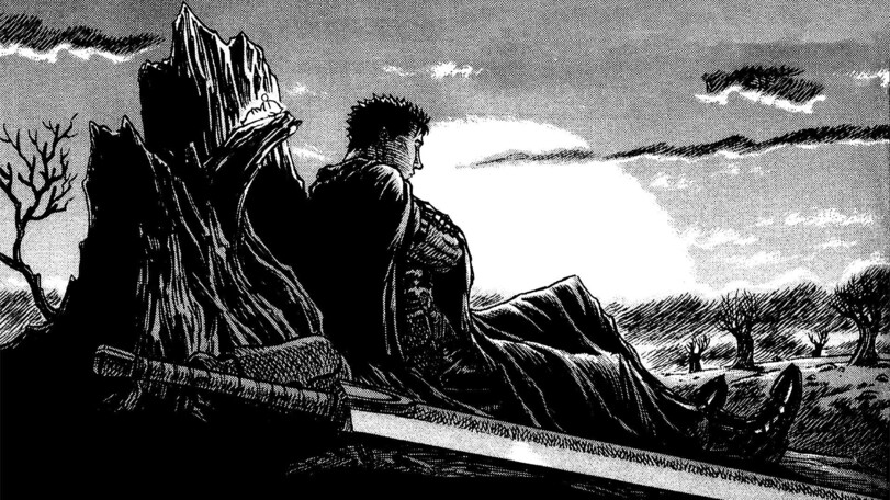 Guts, de Berserk, encostado em um tronco de árvore, num painel retirado do mangá.