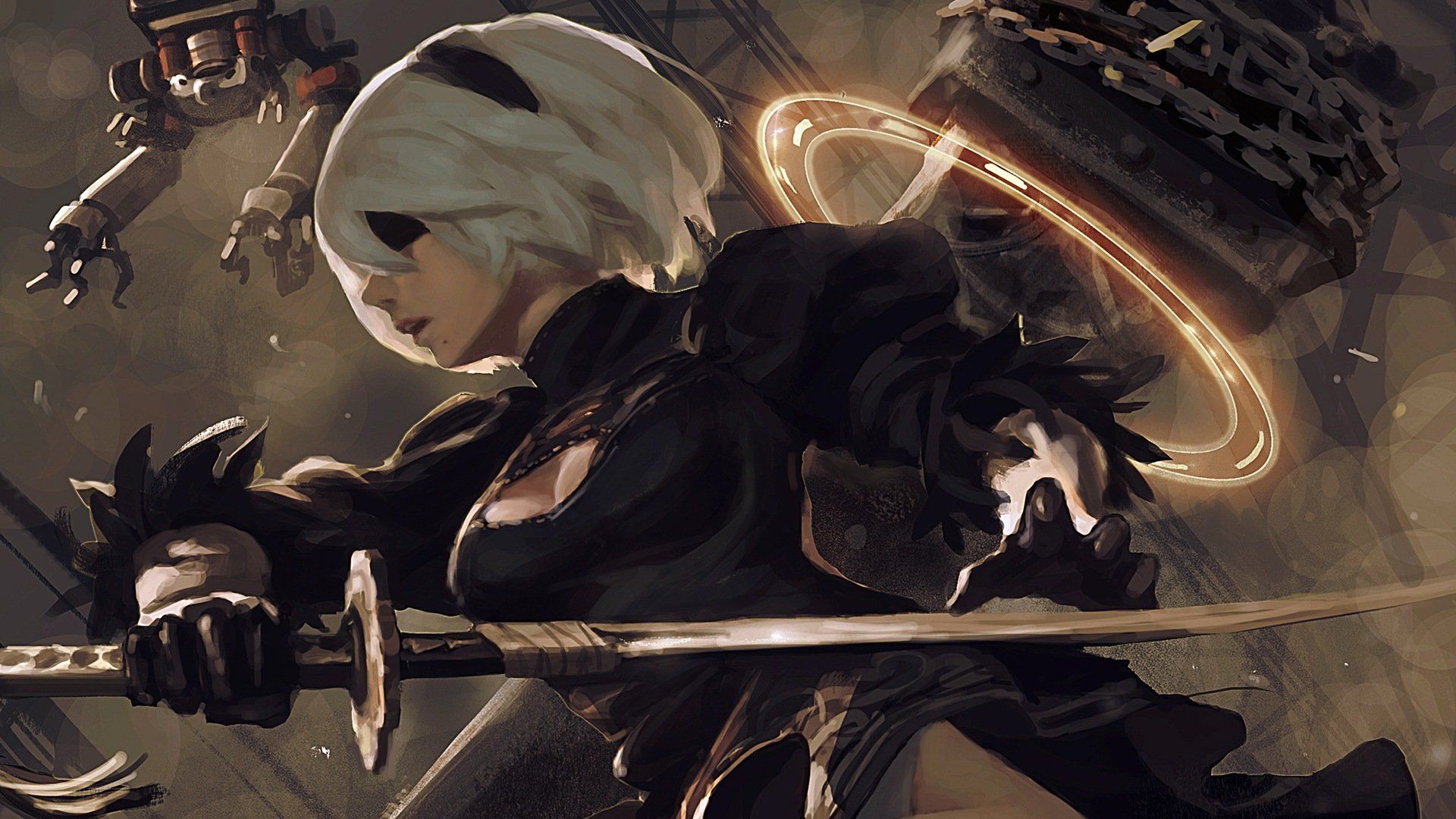 A personagem 2B, de Nier Automata, está de perfil, prestes a empunhar sua espada, com seu Pod ao lado. A imagem parece ser feita ao estilo de uma pintura