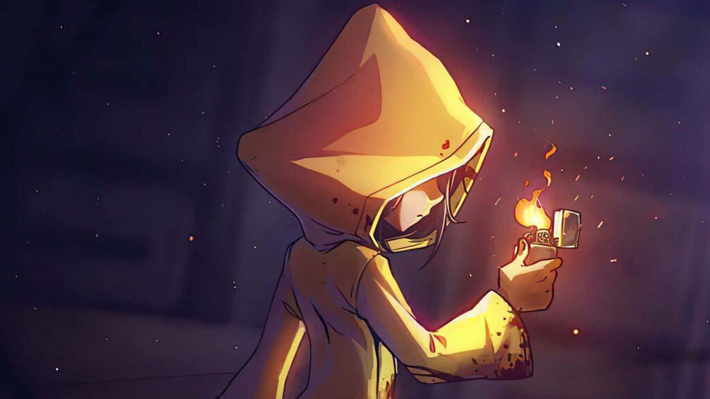 Six, protagonista de Little Nightmares 1, e personagem mais marcante da franquia, de perfil segurando um isqueiro, em um imagem que remete aos quadrinhos