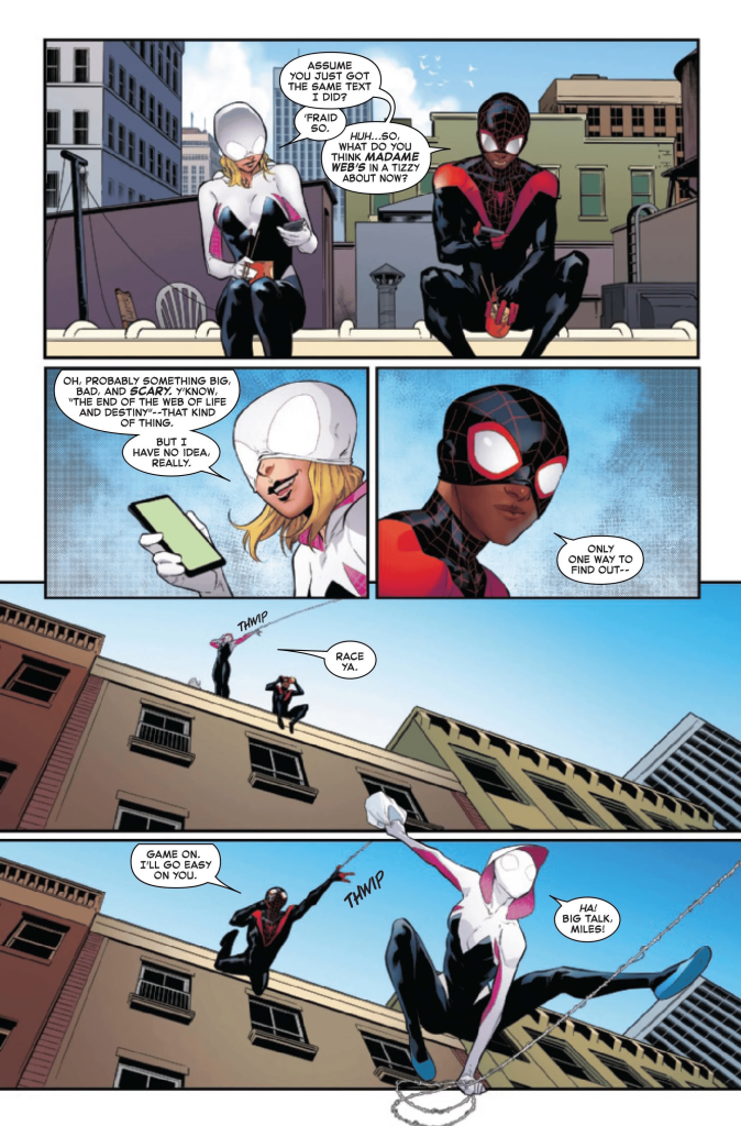 Miles Morales e Gwen Stacy na hq Sociedade da Aranha 