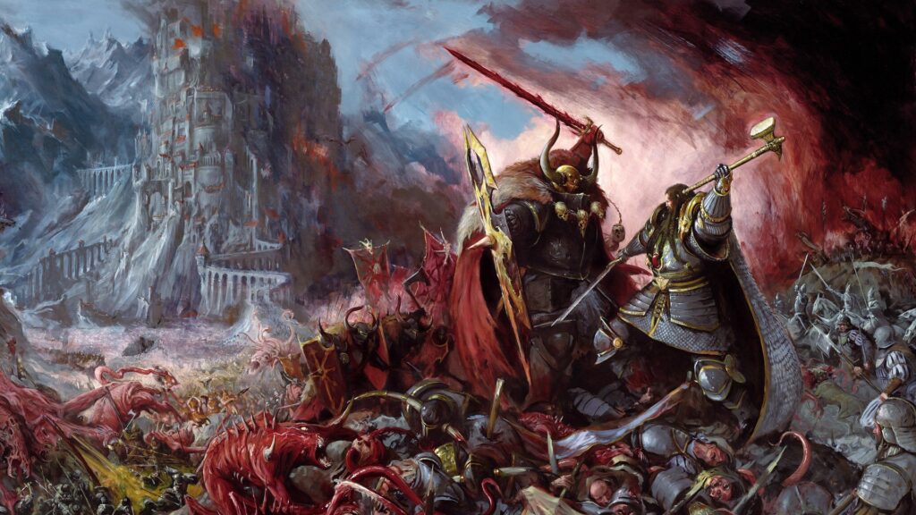 Wallpaper de Warhammer Fantasy mostrando uma grande batalha