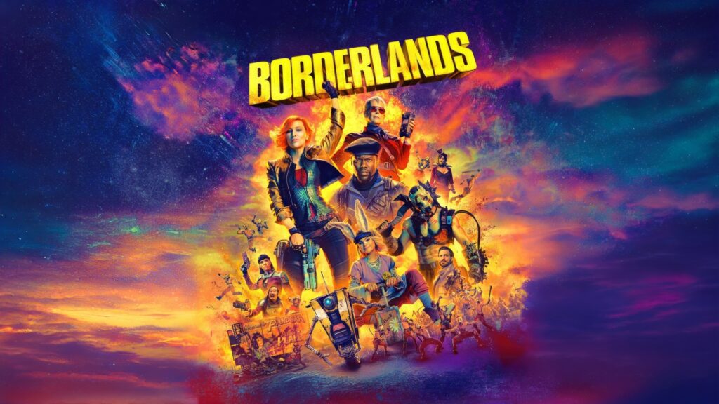 Os protagonistas estão juntos, centralizados em um céu colorido. Em cima deles, está escito "Borderlands", com letras amarelas