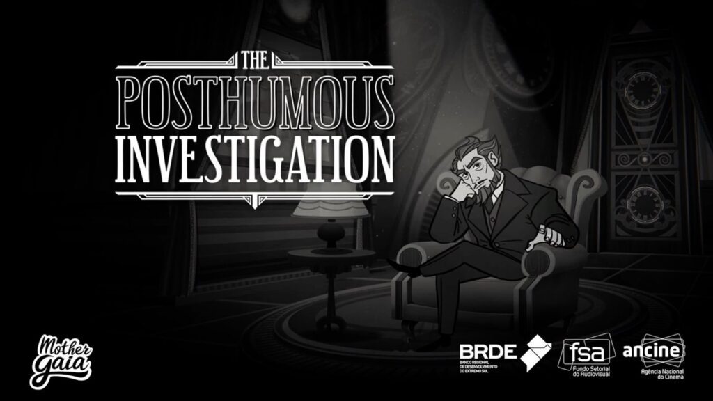 Brás Cubas está sentado em uma poltrona com uma das mãos apoiando o rosto. Ao dele, está escrito "The Posthumous Investigation"