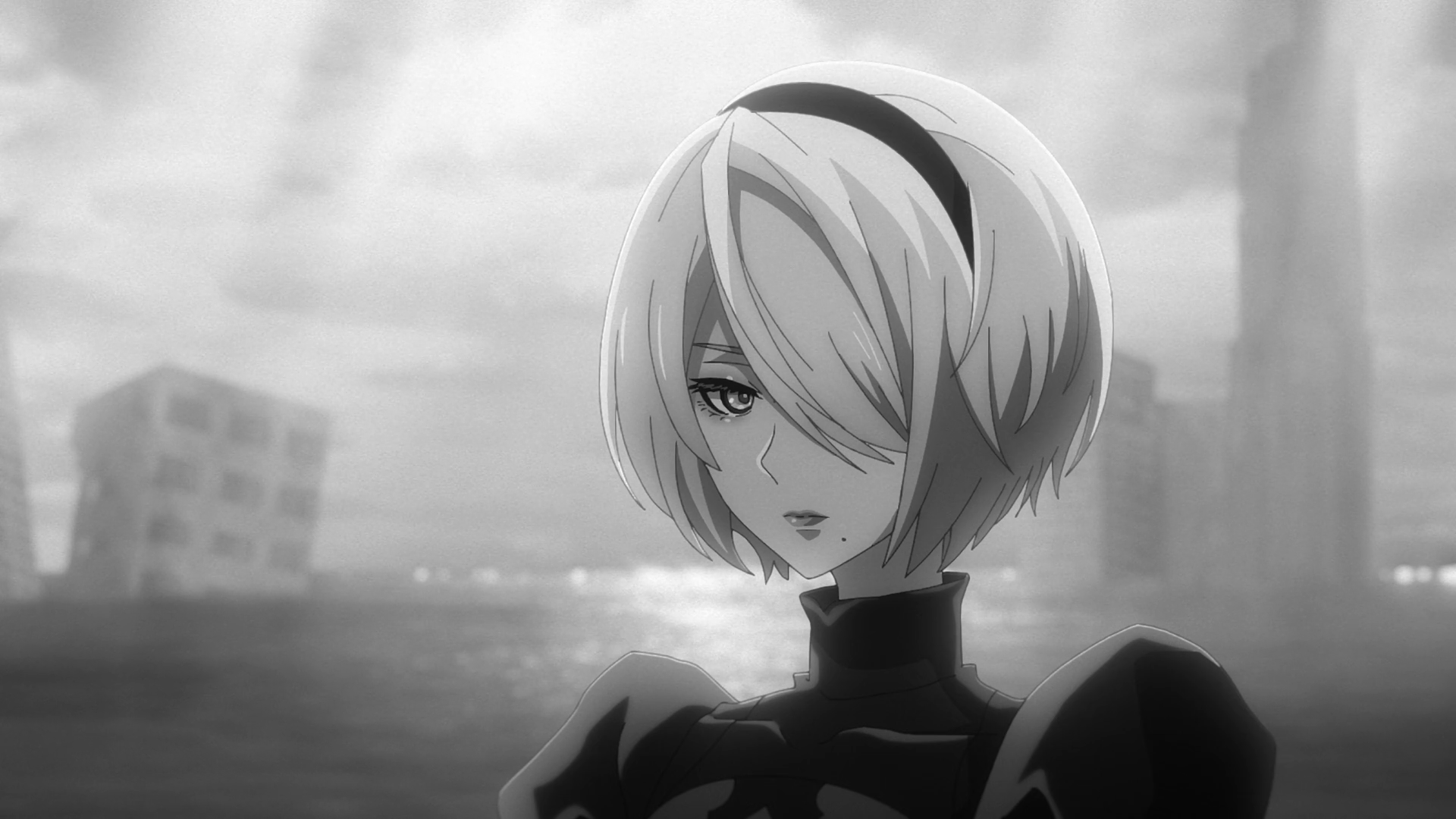 2B, durante o oitavo episódio de NieR:Automata Ver1.1a (Foto: Reprodução/Crunchyroll)