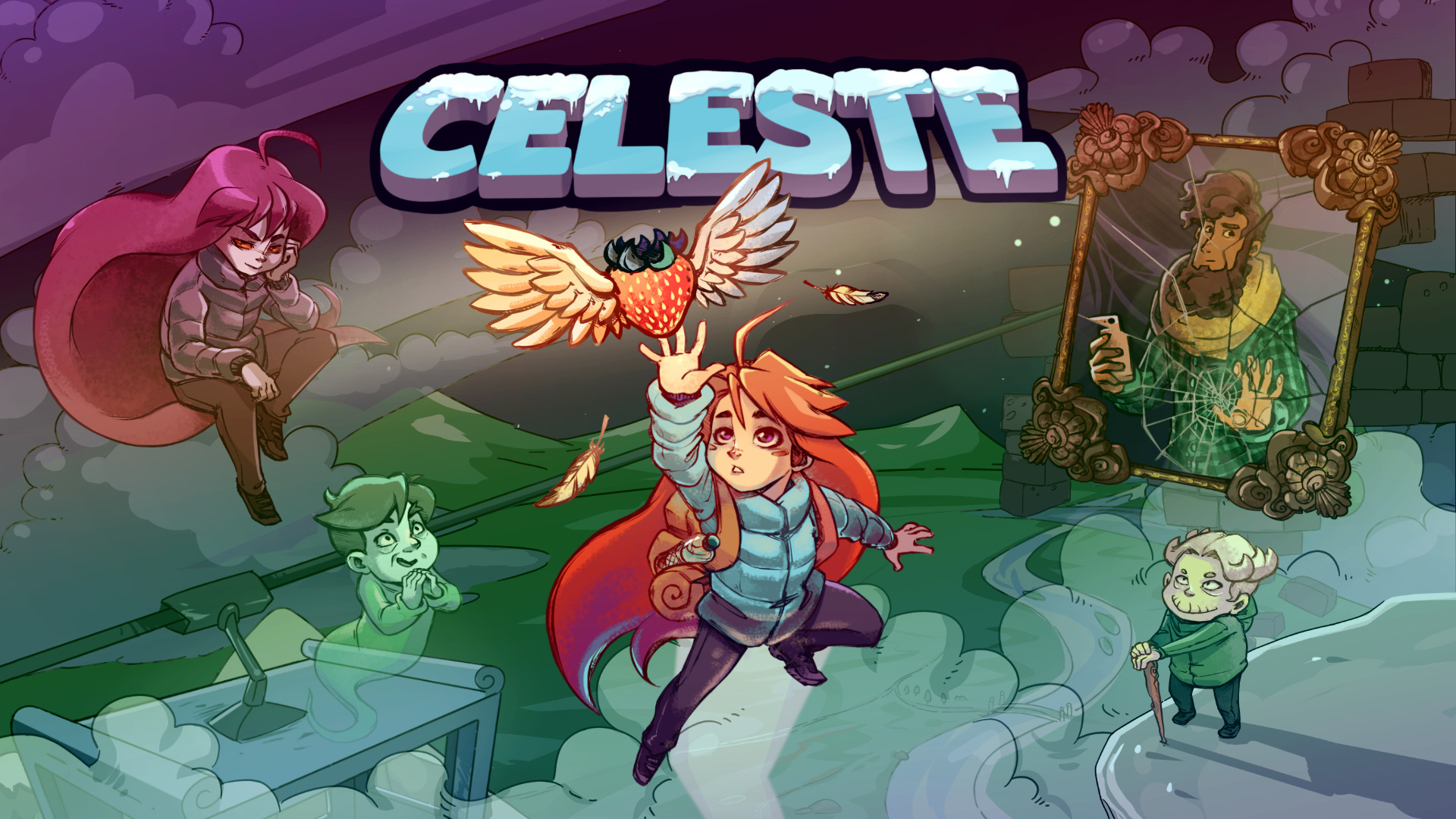 Pôster de Celeste, mostrando Madeline atrás de um morango, Badeline e Theo