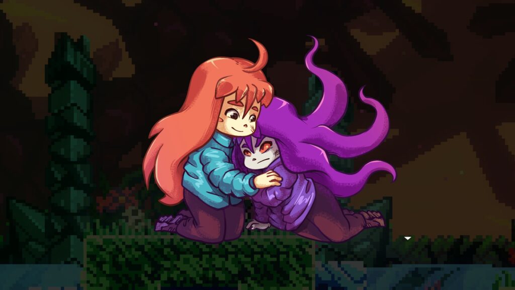 Madeline e Badeline abraçadas em arte de Celeste