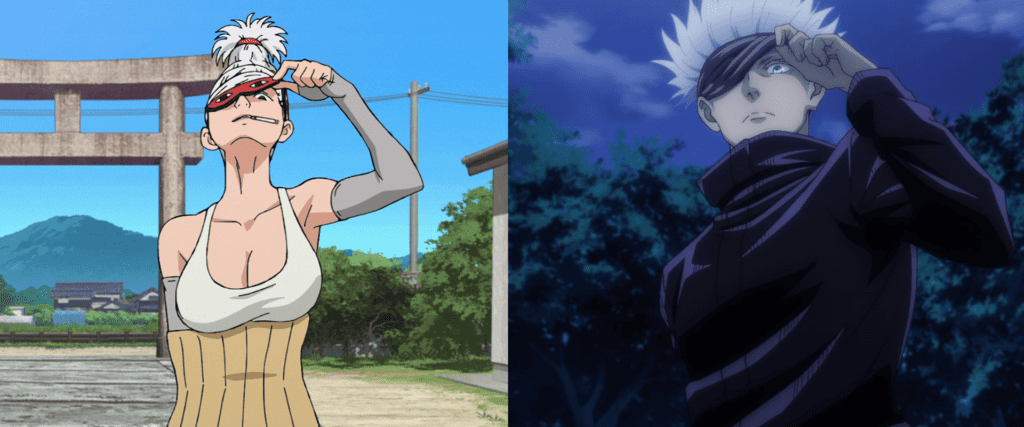 Da esquerda para direita: Seiko Ayase, em EP03S01 de Dandadan, e Satoru Gojo, em EP07S01 de Jujutsu Kaisen