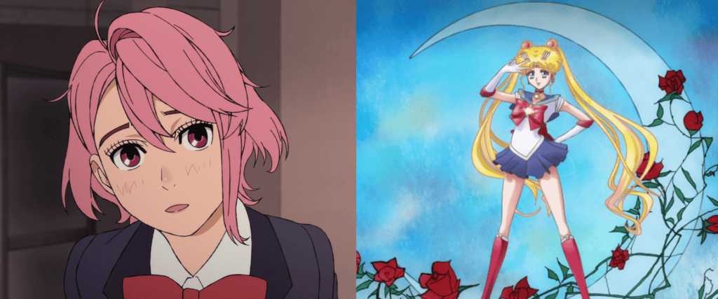 Da esquerda para direita: Aira Shiratori, em EP05S01, e Usagi Tsukino como Sailor Moon, em EP01S01