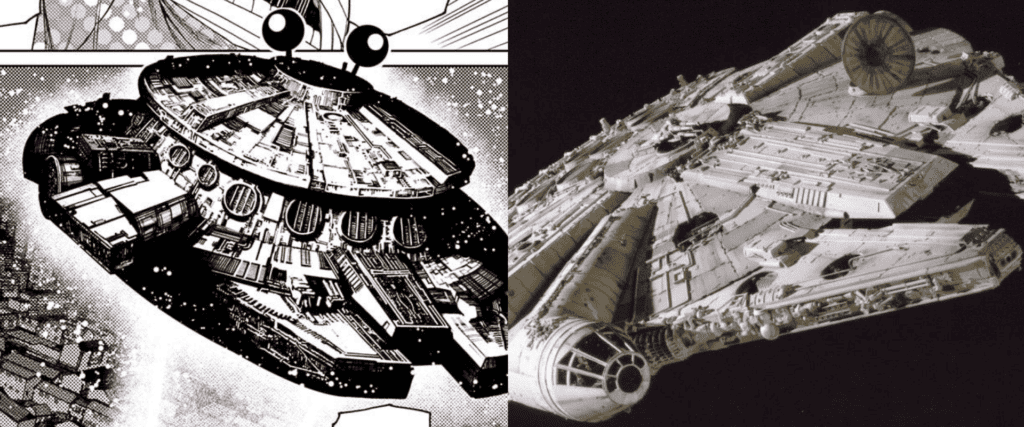 Da esquerda para direita: Nave espacial de Dover Demon, em  CH.27 de Dandadan, e Millennium Falcon, em Star Wars