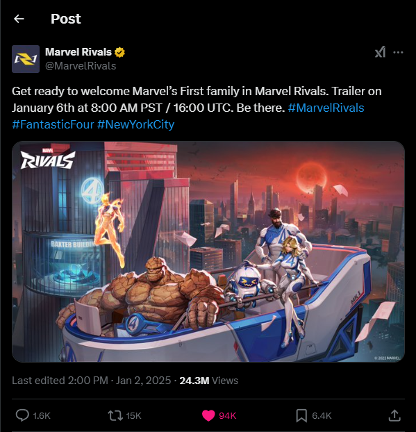 Marvel Rivals anuncia que trailer de Quarteto Fantástico saíra na próxima semana