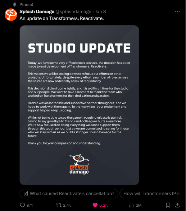 Splash Damage anuncia que Transformers: Reactivate foi cancelado, demissões são prováveis