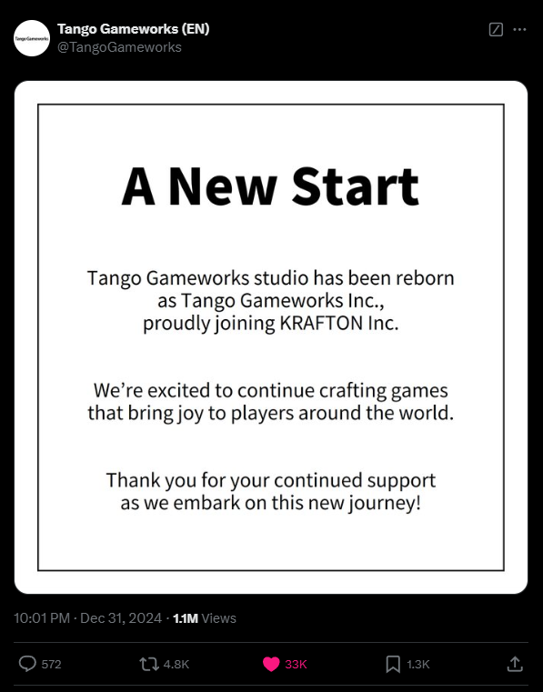 Tango Gameworks tem alteração no nome após ser comprada pela KRAFTON