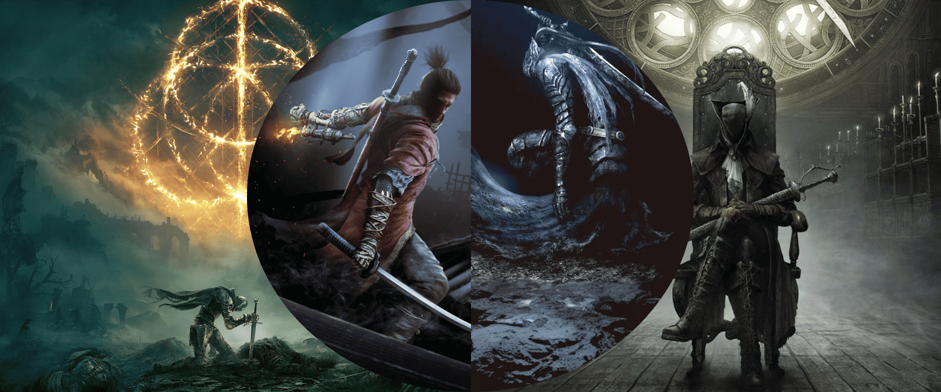 Da esquerda para direita: Elden Ring (2022), Sekiro: Shadows Die Twice (2019), Dark Souls: Artorias of the Abyss (2012) e Bloodborne: The Old Hunters (2015)