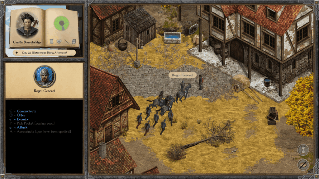 Tela de jogo de Knights of Frontier Valley, apresentando um estilo gráfico que remete a jogos do fim dos anos 1990, como Diablo, Age of Empires e Warcraft
