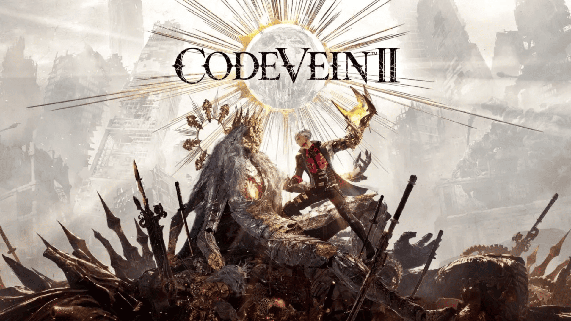 Ilustração promocional do jogo Code Vein 2, mostrando um cenário pós-apocalíptico com ruínas de edifícios ao fundo. No centro da imagem, há uma figura imponente com aparência de rei monstruoso e coroa de espinhos, sentado entre espadas cravadas no chão. À sua frente, um personagem jovem de cabelo branco e roupas escuras com detalhes vermelhos salta em ataque, com um braço envolto em energia dourada flamejante. Acima deles, o título "Code Vein II" é exibido em letras estilizadas com uma auréola de luz dourada radiante ao fundo.