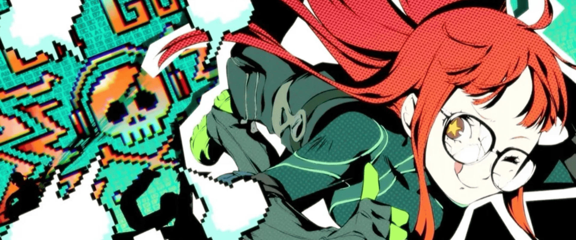 Uma imagem vibrante e estilizada de Futaba Sakura de Persona 5 Royal. Ela está retratada em uma pose dinâmica, como se estivesse pulando ou em movimento, com seus longos cabelos ruivos fluindo. Futaba usa seu traje de Navegadora, que é verde escuro com detalhes em verde-limão e luvas pretas. Ela está usando óculos grandes e redondos, e seus olhos grandes e dourados têm um brilho em forma de estrela. Ao fundo, há um padrão pixelizado e abstrato em tons de verde-azulado e laranja, que inclui um ícone de caveira pixelizada. A estética geral é reminiscente da arte de videogame, com cores fortes e linhas nítidas.