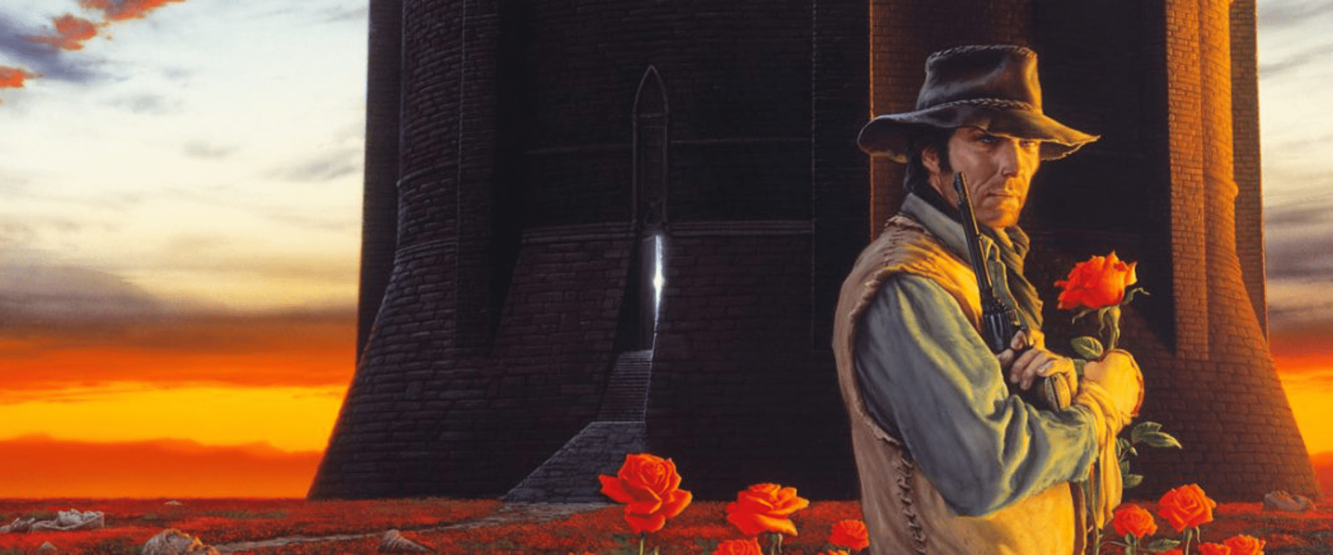 Ilustração de um homem com aparência de pistoleiro, usando chapéu e colete, segurando uma rosa vermelha em frente a uma imensa torre de pedra escura. A expressão dele é séria e determinada, e ele também segura uma arma. A torre se ergue de forma imponente contra um céu dramático, com tons de laranja, vermelho e azul do entardecer. No chão, há um campo de rosas vermelhas espalhadas, simbolizando beleza e contraste diante da monumentalidade sombria da torre.