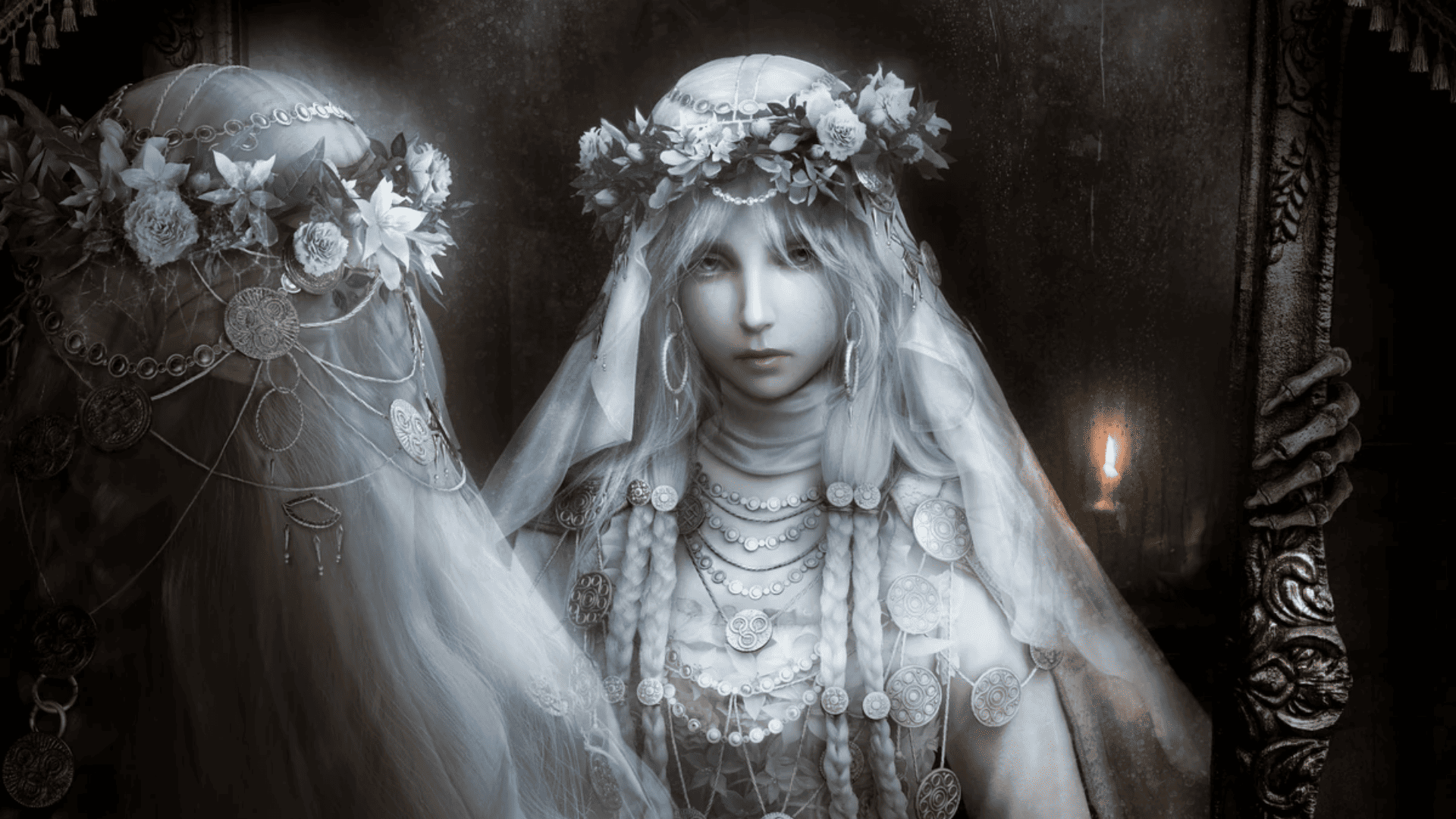 Personagem Revenant, de Elden Ring Nightreign. A boneca é pálida, tem cabelo branco e usa um véu, coroa de flores e joias, com um reflexo borrado ao lado e uma vela acesa no fundo escuro.