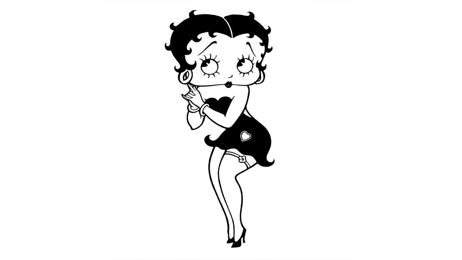 Betty Boop está em sua pose característica, inclinada levemente para a frente com os joelhos juntos e as mãos delicadamente posicionadas sob o queixo. Ela possui grandes olhos arredondados com cílios longos, sobrancelhas finas e arqueadas, e o seu cabelo curto e ondulado com cachos definidos. Ela veste um vestido curto tomara-que-caia, uma pulseira em cada pulso, argolas nas orelhas e uma liga com um detalhe de flor na coxa esquerda.