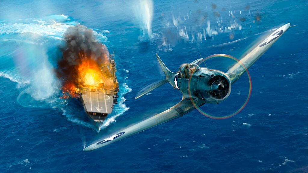 Imagem de um porta-aviões em chamas no jogo Task Force Admiral – Vol.1: American Carrier Battles.