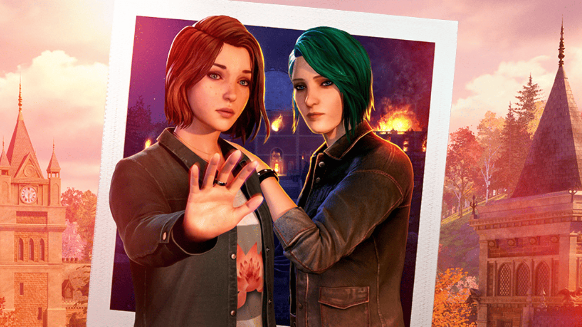 Ilustração digital que apresenta Max Caulfield e Chloe Price em destaque no jogo Life is Strange: Reunion. A imagem é composta por uma fotografia estilo polaroid centralizada, onde Max (à esquerda, com cabelo curto castanho-avermelhado) e Chloe (à direita, com cabelo curto verde-azulado) posam juntas com expressões sérias. Max estende a mão direita em direção ao espectador,
