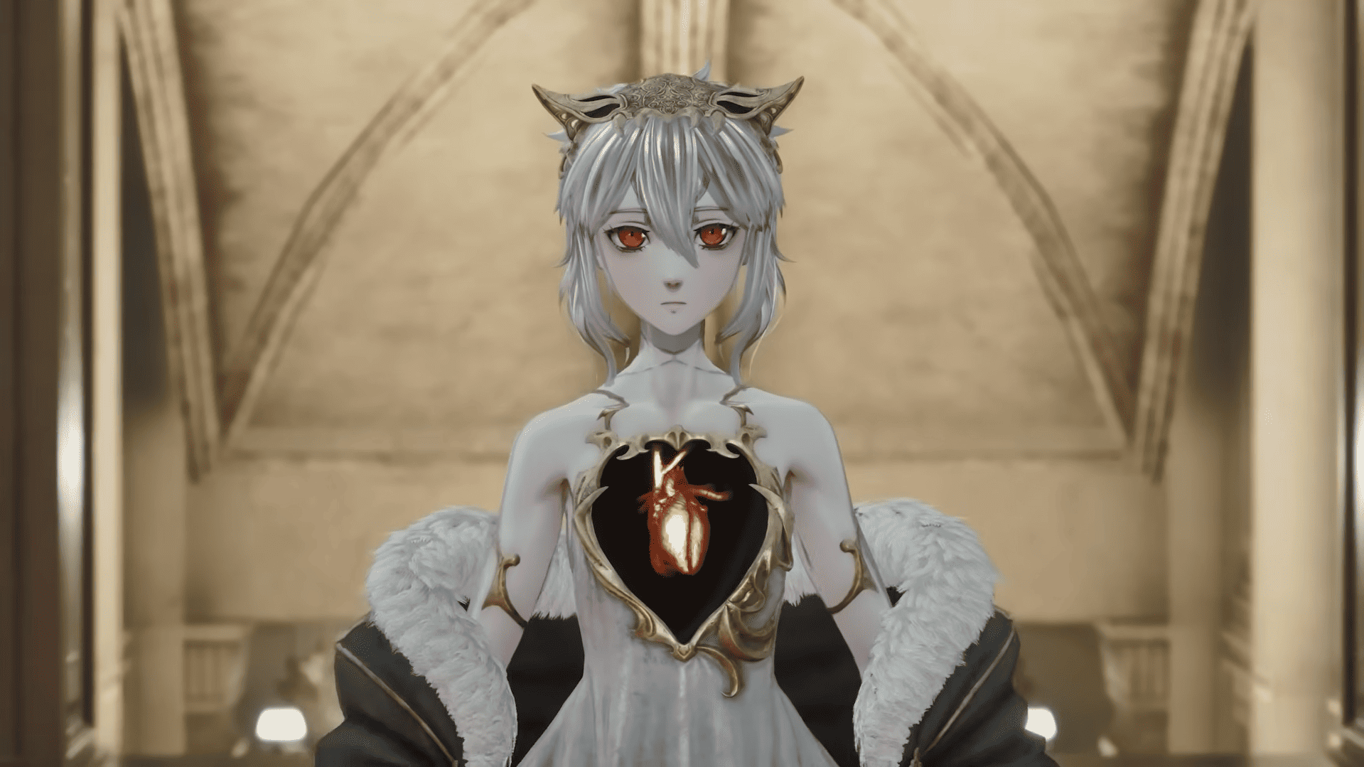 A personagem Lou, de Code Vein II, possui pele pálida, cabelos curtos em tom cinza-claro adornados por uma tiara metálica com pontas que lembram chifres, e grandes olhos vermelhos profundos. O elemento visual mais impactante é uma abertura em formato de coração no centro de seu peito, onde um coração é exibido com um brilho suave. Lou veste um traje branco com detalhes dourados e um casaco escuro de gola felpuda caído sobre os ombros.