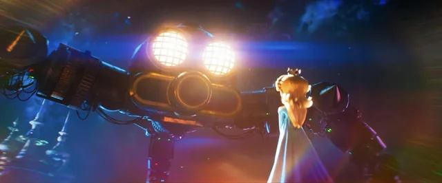a princesa Rosalina, em primeiro plano, está de costas, encarando um robô gigante com três braços mecânicos e olhos que parecem faróis de carro.