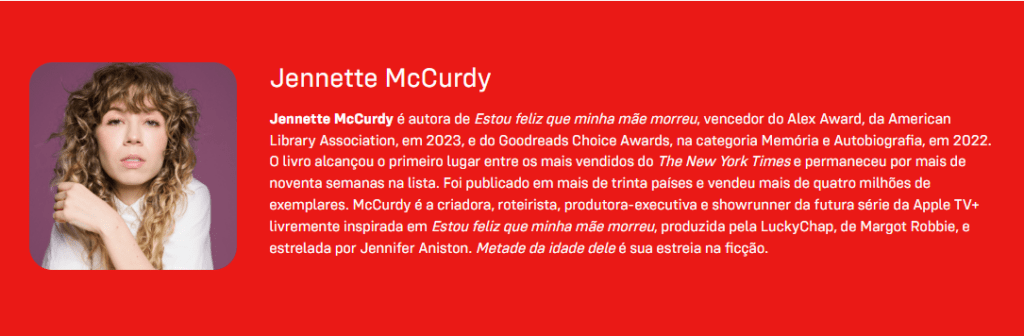 Em fundo vermelho e com uma foto ao lado, descreve-se uma minibiografia de Jennette McCurdy