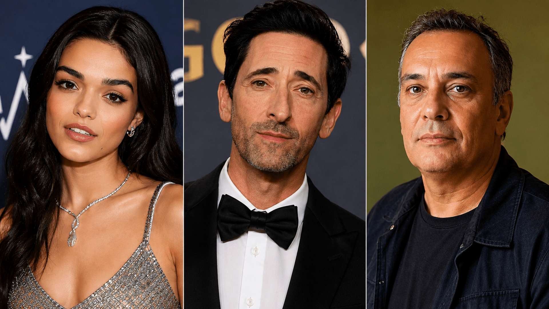 Rachel Zegler, Adrien Brody e Karim Aïnouz em montagem sobre novo filme internacional do diretor brasileiro.