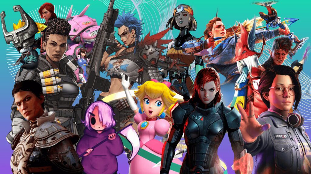 A imagem mostra alguns personagens nos games com aparência diferenciada, como Zelda, Aloy, Jesse, entre outras