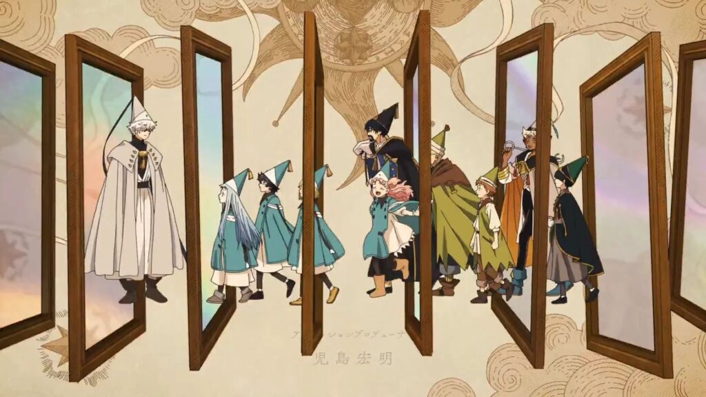 Cena de abertura da primeira tempordada de Witch Hat Atelier mostra alguns dos personagens Qifrey, Agott, Tétia, Richeh, Olruggio, Senhor Nolnoa, Tartah, Alaira e Euini.