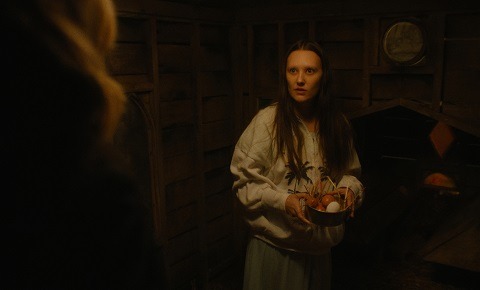 "Woman in a dimly lit wooden shed holding a wire basket with fresh eggs, wearing a light sweatshirt and looking at a person in the foreground, rustic interior with wooden plank walls and coop section in background."