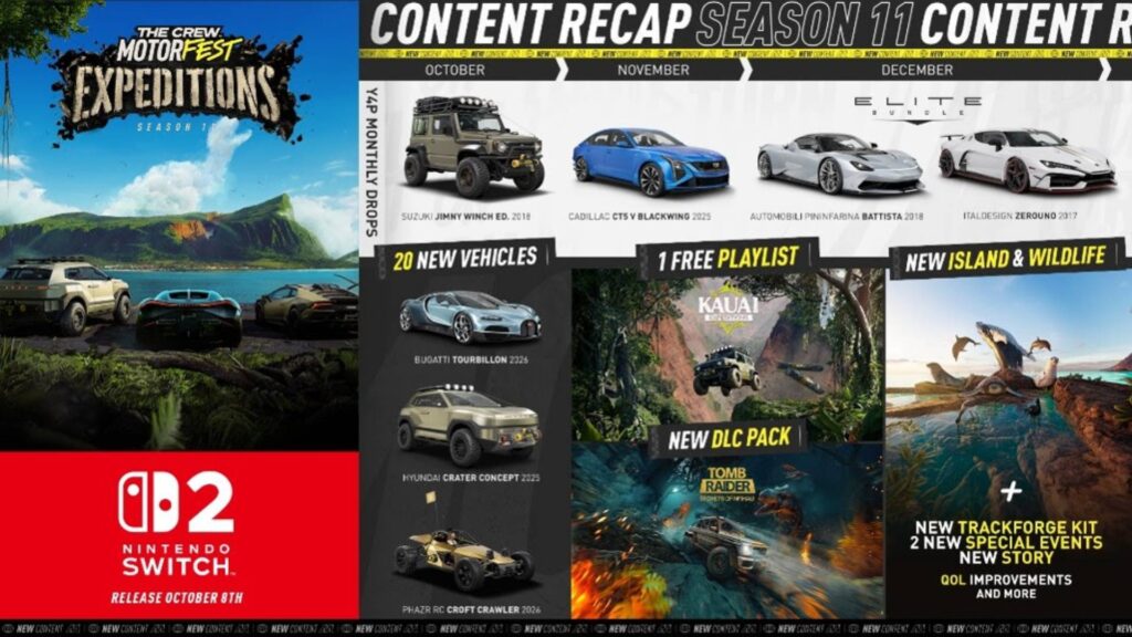 The Crew Motorfest: jogo chega ao Switch 2 e traz nova temporada junto de colaboração com Tomb Raider